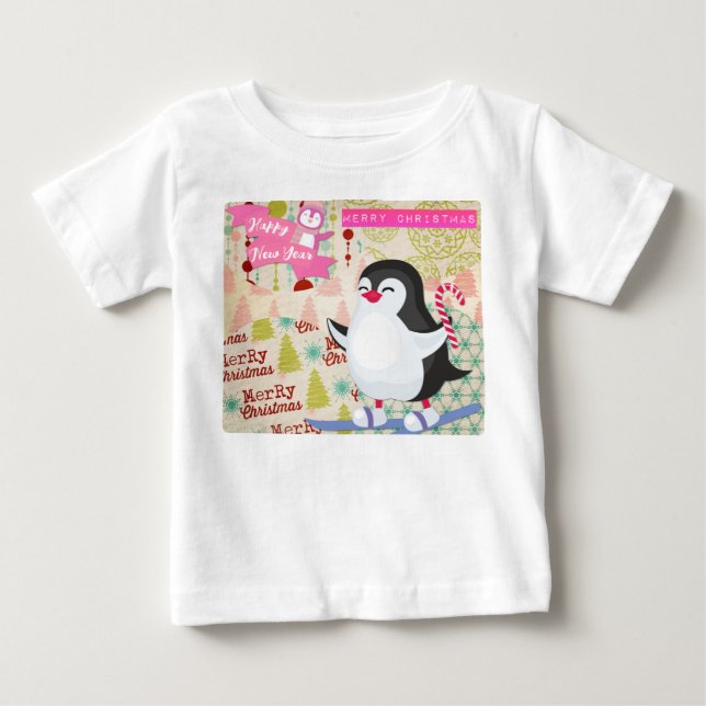 Camiseta De Bebé Feliz Navidad Feliz Año Nuevo lindo pingüino (Anverso)