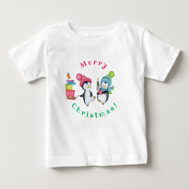 Camiseta De Bebé Feliz Navidad Pingüinos singulares trayendo regalo (Anverso)