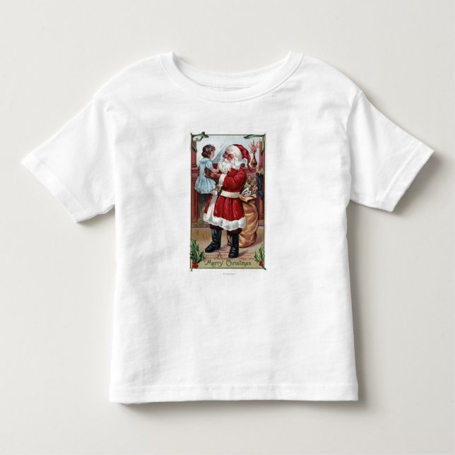 Camiseta De Bebé Feliz Navidad, Santa con Chica en azul (Anverso)