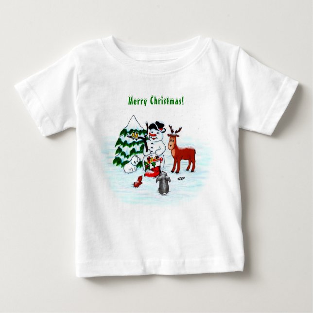 Camiseta De Bebé ¡Feliz Navidad! Snowman con sus amigos (Anverso)