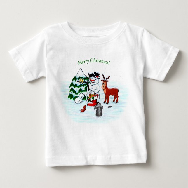 Camiseta De Bebé ¡Feliz Navidad! Snowman con sus amigos (Anverso)