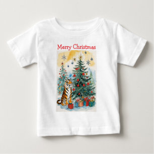 Camiseta De Bebé Feliz Navidad Tigre con árboles de Navidad