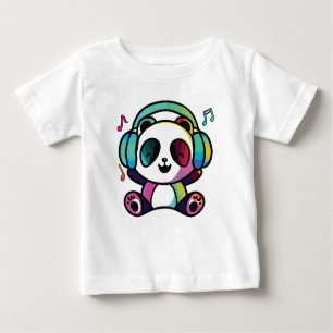 Camiseta De Bebé Feliz Panda con auriculares escuchando música.