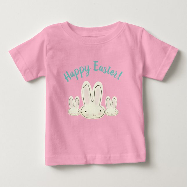 Camiseta De Bebé Feliz Pascua lindo personalizado de conejos pastel (Anverso)