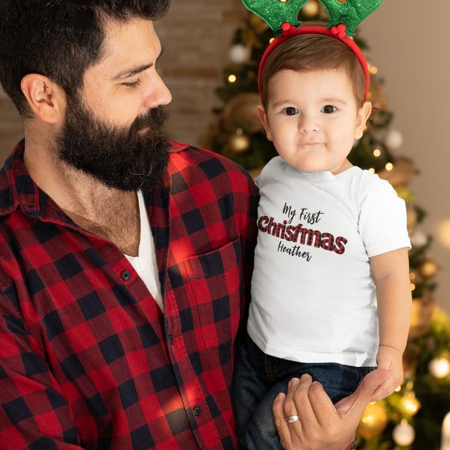Camiseta De Bebé Festividad de navidades Mi primer cheque de búfalo (My First Christmas custom buffalo check baby t shirt.)