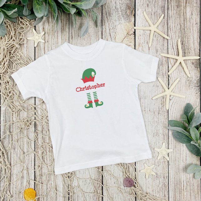 Camiseta De Bebé Festividad personalizada de Navidades de elfos roj (Personalized Monogrammed Christmas Elf Toddler, Baby T-shirt. Available in many kids sizes)