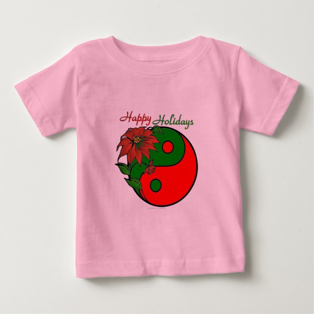 Camiseta De Bebé Festividad Yin Yang Poinsettia Verde Rojo (Anverso)