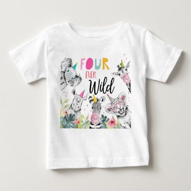 Camiseta De Bebé Fiesta de animales Chica de cumpleaños cuatro vece (Anverso)
