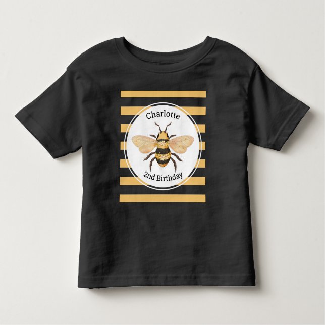 Camiseta De Bebé Fiesta de Cumpleaños Abeja con Rayas Amarillas y N (Anverso)