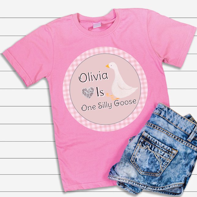 Camiseta De Bebé Fiesta de cumpleaños de niña Pink Gingham One Sill (Pink Gingham One Silly Goose Girl's Birthday Party Baby T-Shirt)