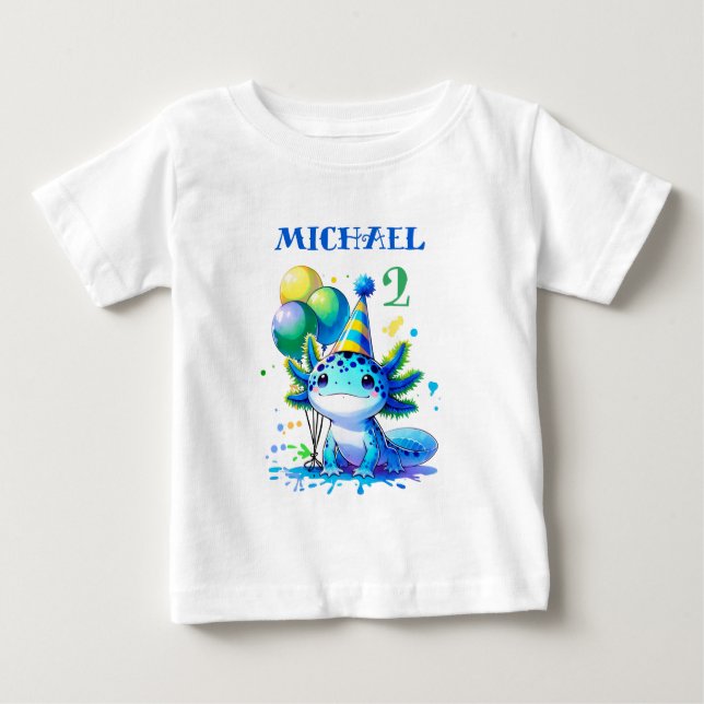 Camiseta De Bebé Fiesta de cumpleaños de niño Axolotl azul y verde (Anverso)