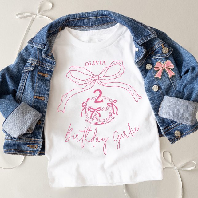 Camiseta De Bebé Fiesta de cumpleaños del pastel de vaca rosado con (Cute toddler girl pink hand drawn coquette bow cake birthday girlie kids white t-shirt)
