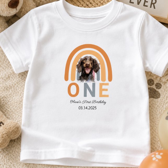 Camiseta De Bebé Fiesta de cumpleaños número 1 con perro adorable e (Adorable Dog Rainbow Watercolor 1st Birthday Party Baby T-Shirt)