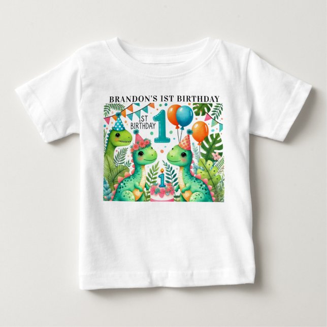 Camiseta De Bebé Fiesta de Cumpleaños número 1 de Dinosaurio Dino (Anverso)