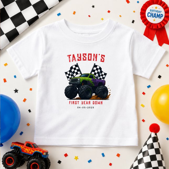 Camiseta De Bebé Fiesta de Cumpleaños número 1 de Monster Trucks (Monster Trucks 1st Birthday Party Baby T-Shirt
)