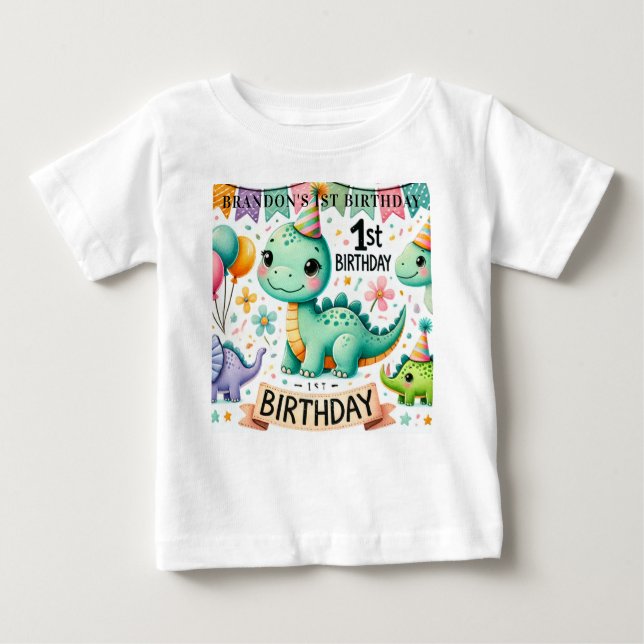 Camiseta De Bebé Fiesta de cumpleaños número uno del dinosaurio Din (Anverso)
