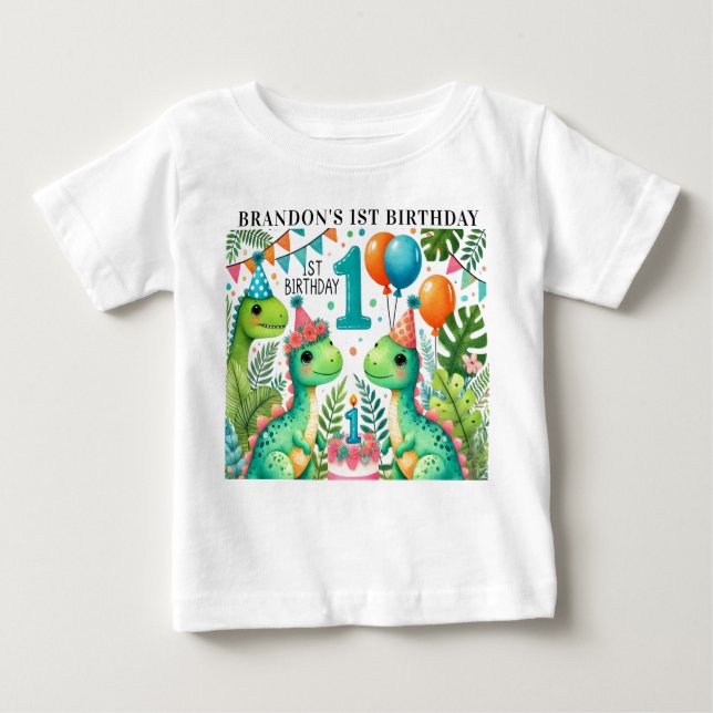 Camiseta De Bebé Fiesta de cumpleaños número uno del dinosaurio Din (Anverso)