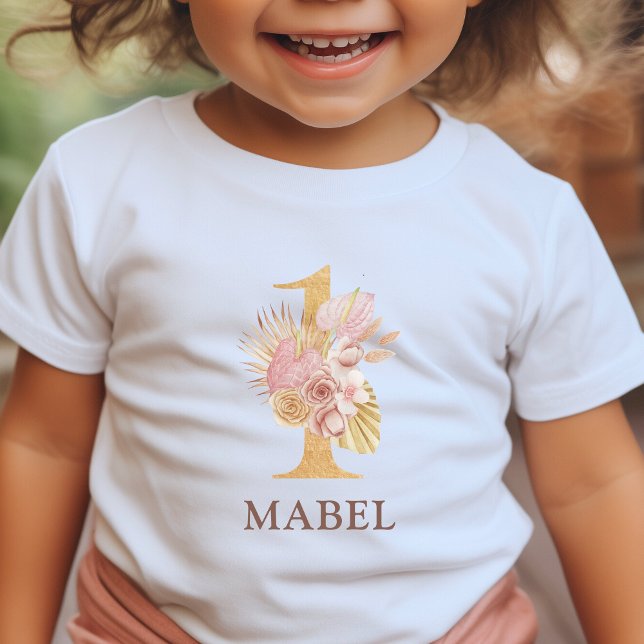 Camiseta De Bebé Fiesta de cumpleaños número uno estilo Boho Floral (Kids 1st Birthday Party T-Shirt floral boho style)