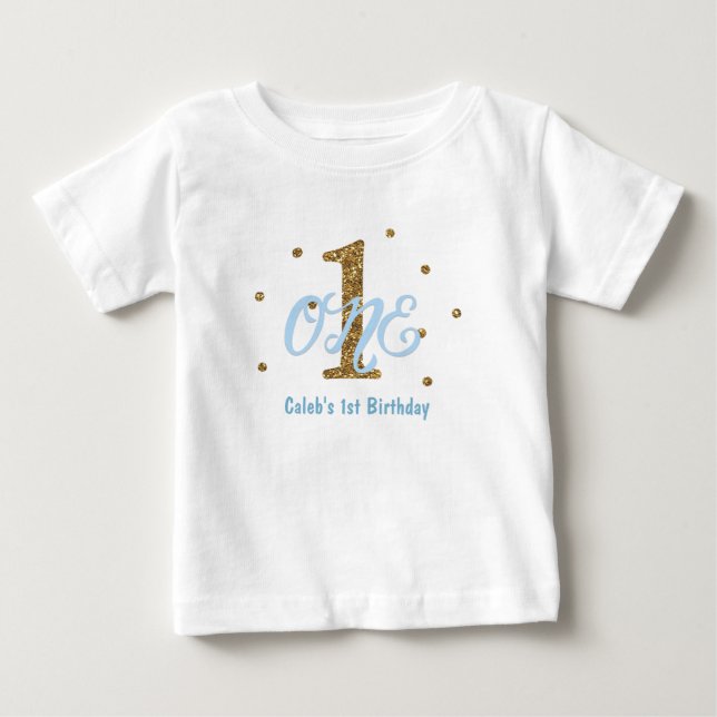 Camiseta De Bebé Fiesta de Cumpleaños UNO 1er de Niño Azul y Dorado (Anverso)