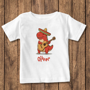 Camiseta De Bebé Fiesta Dinosaurio Rojo con Sombrero y Guitarra