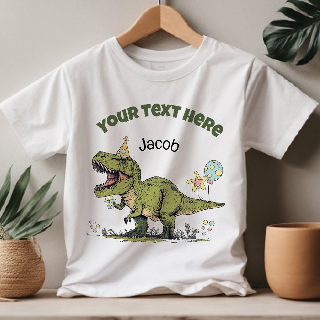 Camiseta De Bebé Fiesta Temática de Dinosaurio Lindo T-Rex con Nomb (Cute funny cartoon T-Rex dinosaur theme custom text name kids birthday party or adoption day t-shirt)