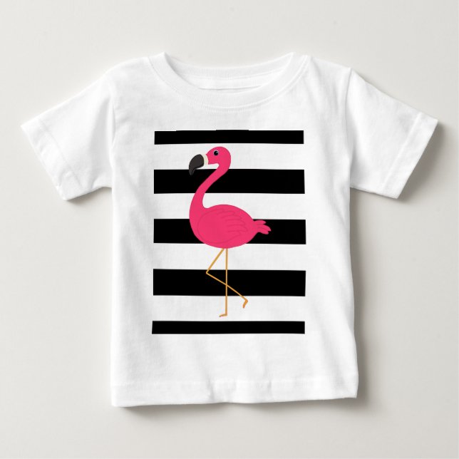 Camiseta De Bebé Flamenco blanco y negro del rosa de la raya (Anverso)