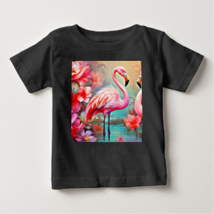 Camiseta De Bebé Flamencos rosas en un lago con flores-20231