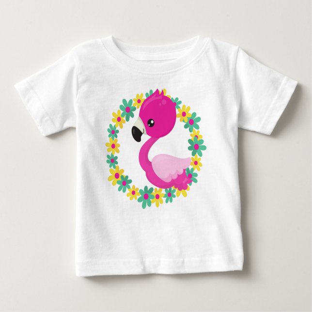 Camiseta De Bebé Flamingo, Flamingo Infantil, Ave, Flores (Anverso)