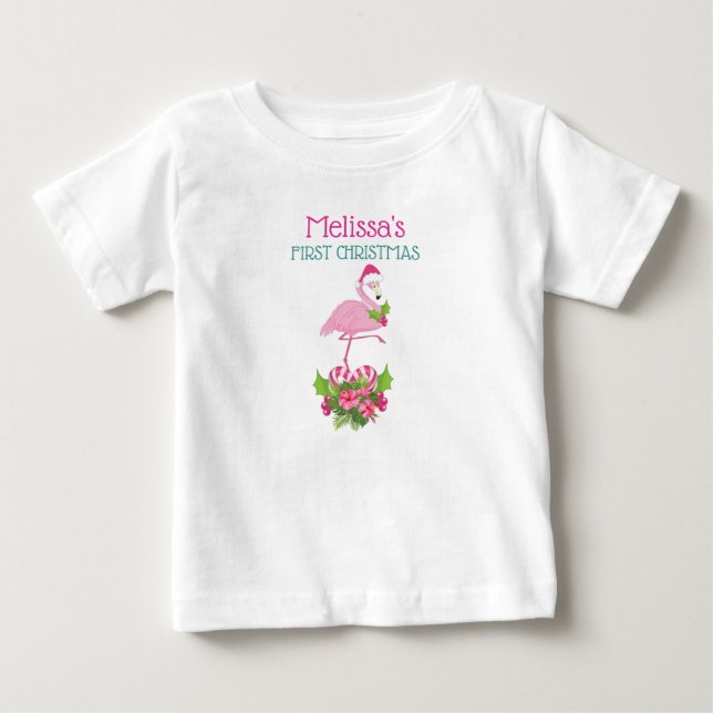 Camiseta De Bebé Flamingo rosa en Santa Hat 1 Navidades (Anverso)