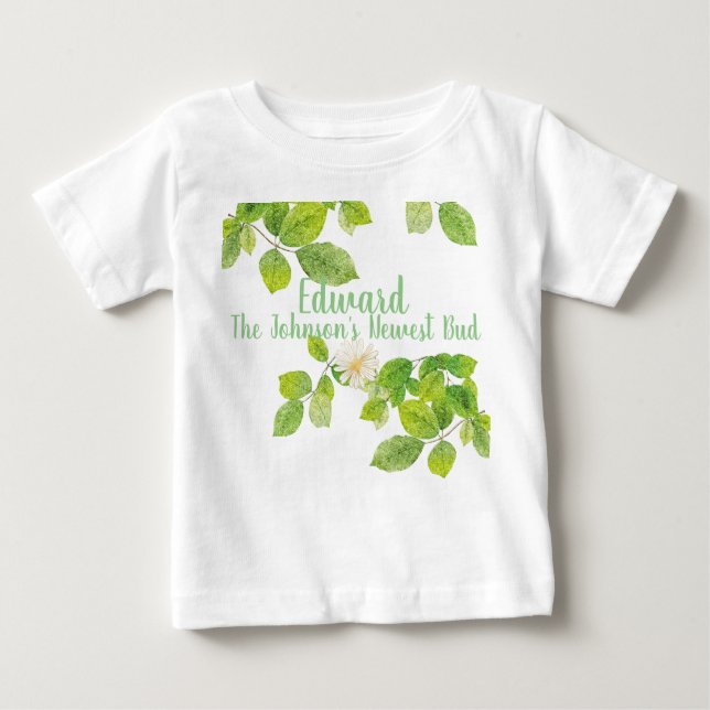 Camiseta De Bebé Flor blanca y jardín de hojas verdes (Anverso)