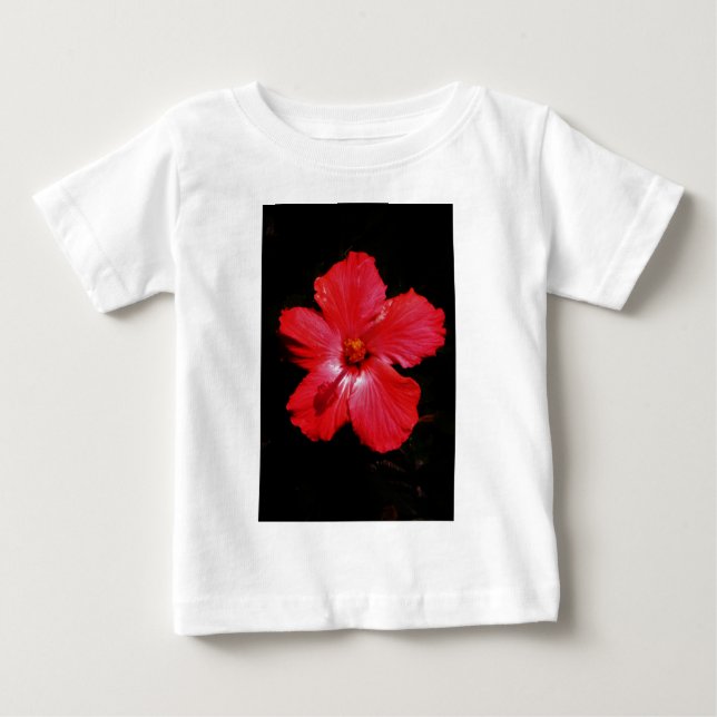 Camiseta De Bebé Flor de Hibiscus rojo rosado caliente en negro (Anverso)