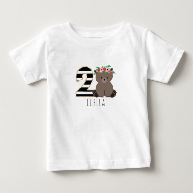 Camiseta De Bebé Floral Baby Bear Stripes Second Birday Shirt (Anverso)