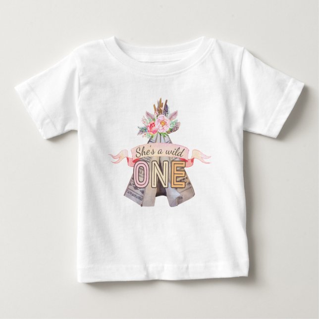 Camiseta De Bebé Floral Boho Tribal Teepee Wild One First Birthday (Anverso)