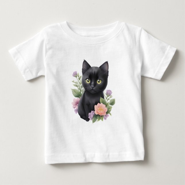 Camiseta De Bebé Floral cúrcuma de gato negro (Anverso)