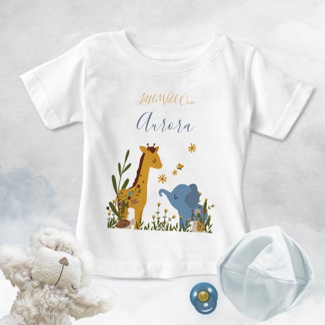 Camiseta De Bebé Floral de animales pequeños y salvajes de un bebé (Cute Little Wild One Giraffe Elephant Snail Turtle Baby T-Shirt ©Susanne Sachers - Sunny Mind Design)