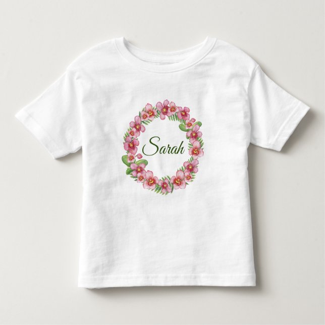 Camiseta De Bebé Floral rosa y verde personalizada (Anverso)