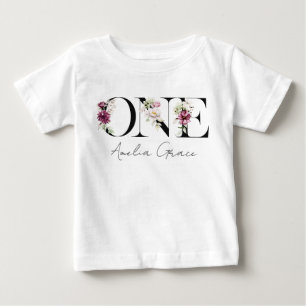 Camiseta De Bebé Floral UNO Vestido de Cumpleaños + Nombre para Beb