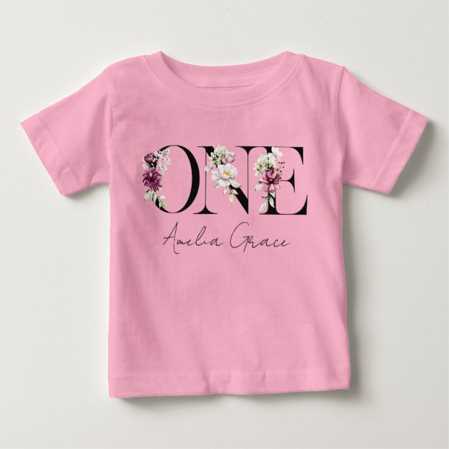 Camiseta De Bebé Floral UNO Vestido de Cumpleaños y Nombre para Beb (Anverso)