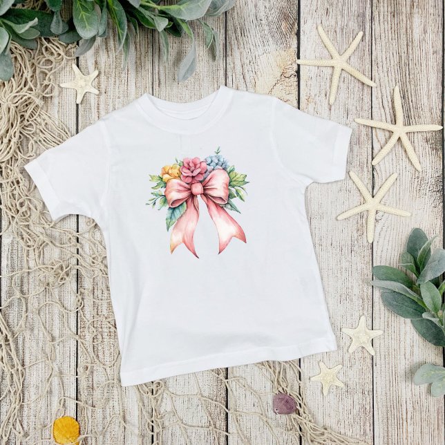 Camiseta De Bebé Florales Acuarela de Lazo Rosa Chicas Coquette (Pink bow with watercolor florals, coquette aesthetic, Toddler Girls T-shirt)