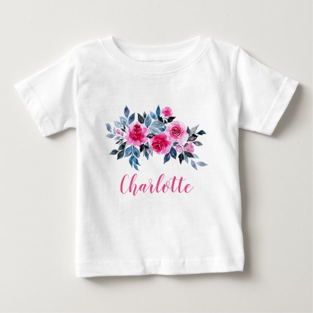 Camiseta De Bebé Flores de acuarela rosa personalizadas (Anverso)