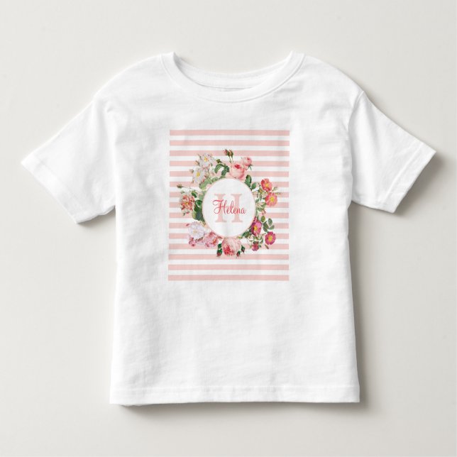 Camiseta De Bebé Flores de época Bandas rosas Monograma (Anverso)