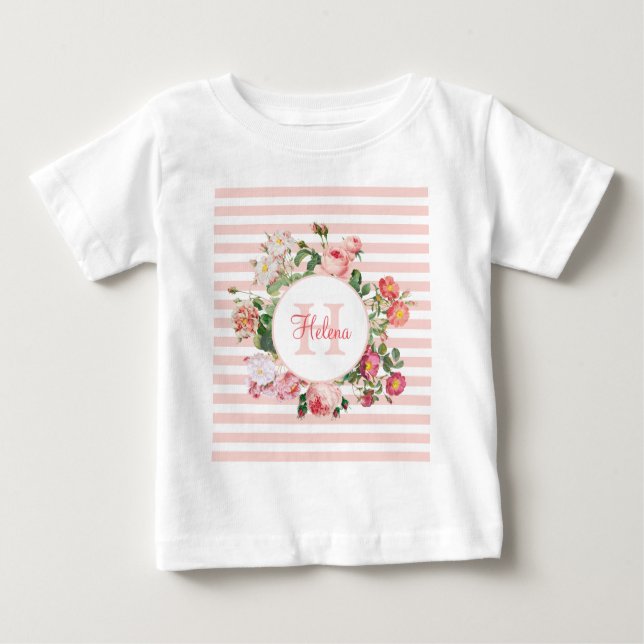 Camiseta De Bebé Flores de época Bandas rosas Monograma (Anverso)