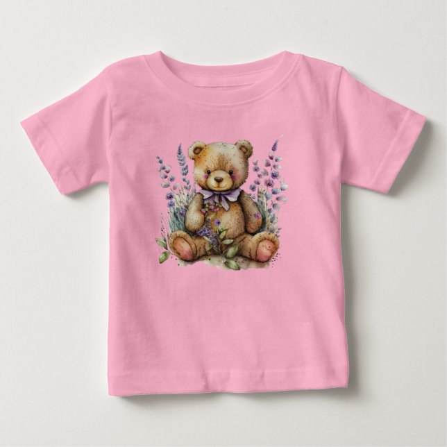 Camiseta De Bebé Flores de Lavanda de Oso de Teddy Marrón (Anverso)