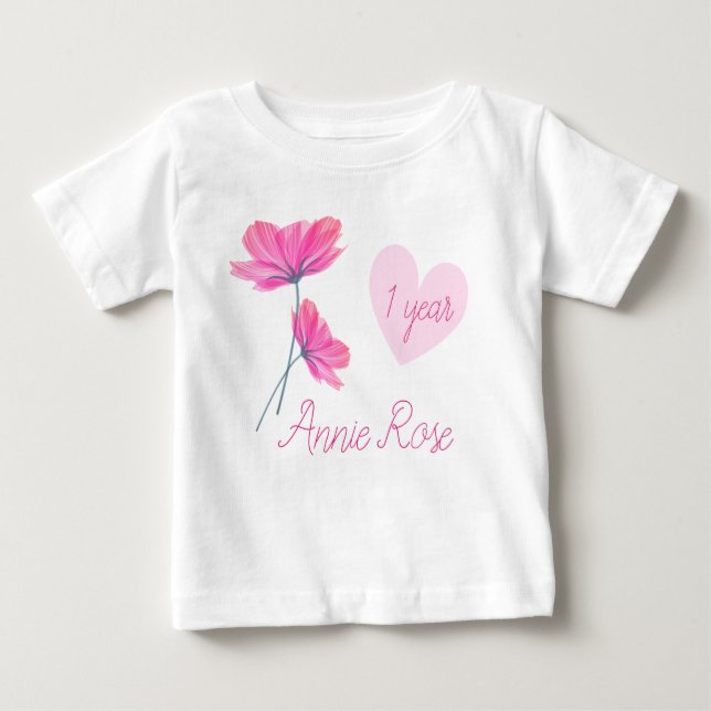Camiseta De Bebé Flores de personalizable y Girly 1 año cumpleaños (Anverso)