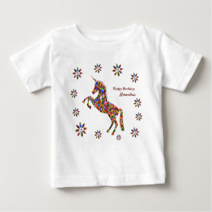 Camiseta De Bebé Flores de unicornio mágicas Cumpleaños Personaliza