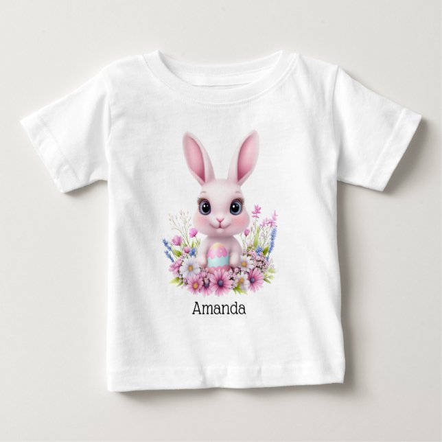 Camiseta De Bebé Flores rosadas de conejo con huevo de Pascua (Anverso)