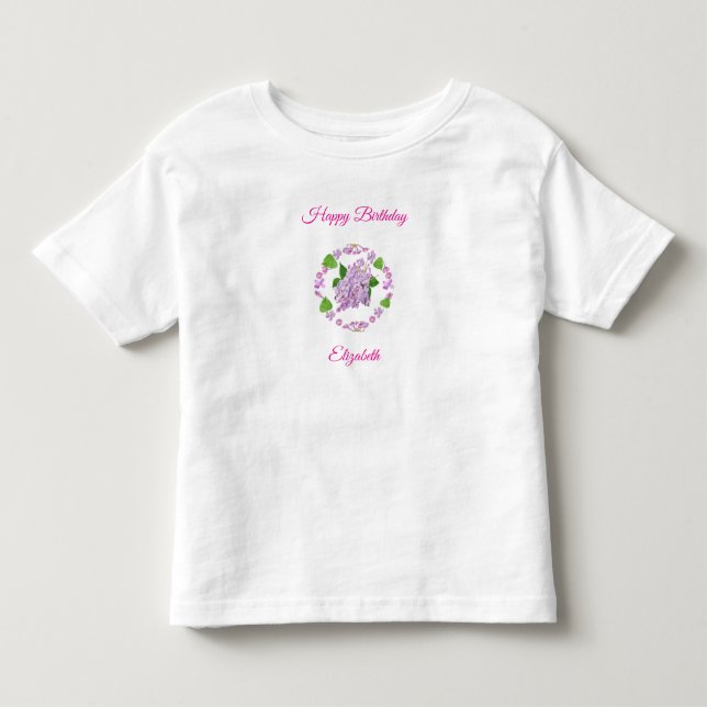 Camiseta De Bebé flores y capullos de lila círculo feliz cumpleaños (Anverso)