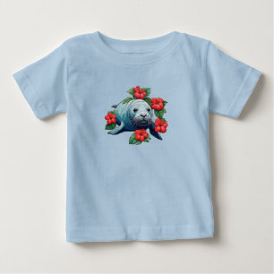 Camiseta De Bebé Foca Monje Hawaiana y Flores de Hibisco Rojo