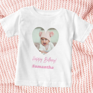 Camiseta De Bebé Foto corazón nombre cumpleaños niña rosa