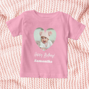 Camiseta De Bebé Foto corazón nombre cumpleaños niña rosa